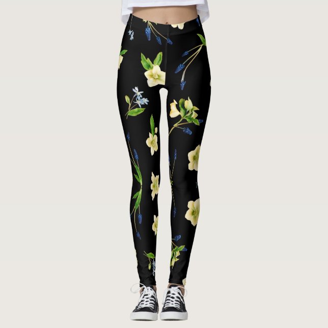 Leggings Flor blanca y brotes azules patrón floral (Anverso)