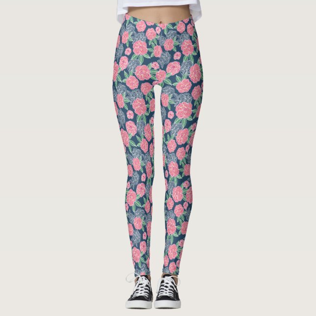 Leggings Flor blanca y rosa azul marino (Anverso)