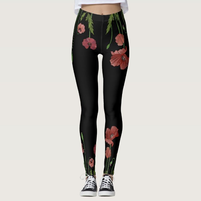 Leggings Flor de adormidera roja de diseño (Anverso)