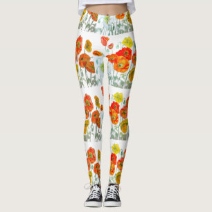 Leggings Flor de amapola naranja roja acuarela amapolas