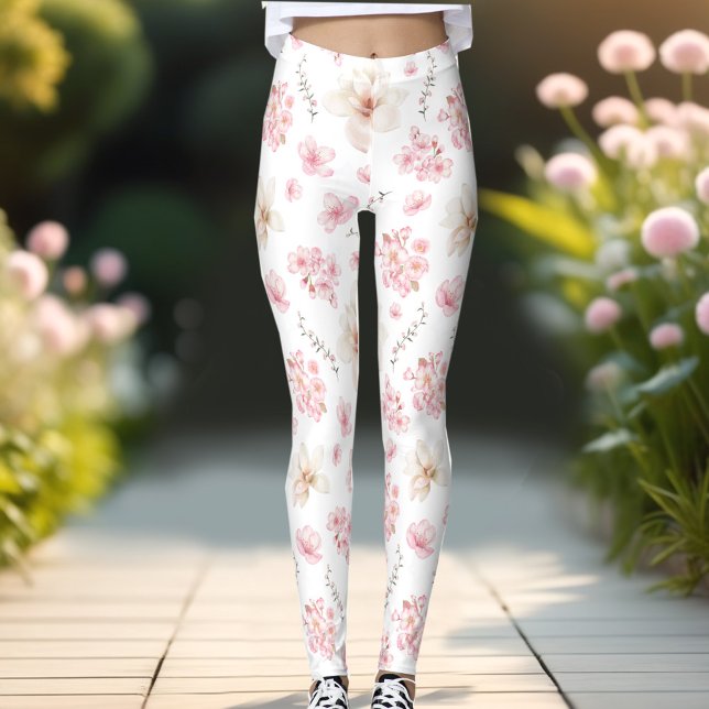 Leggings Flor de arándano Sacura Patrón Flor rosa blanca (Cherry Blossom Sacura Pattern White Pink Floral Leggings)