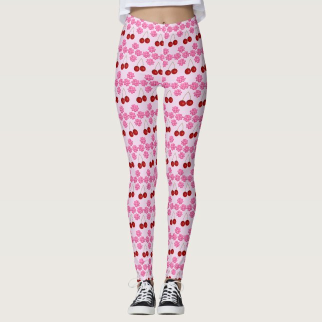 Leggings Flor de cerezo de primavera rosada y cerezas (Anverso)