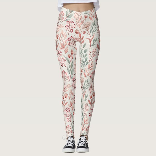 Leggings Flor de cerezo rosa, patrón de flores y hojas (Anverso)