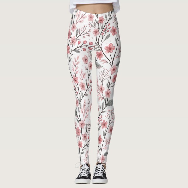 Leggings Flor de cerezo rosa Sakura sobre blanco (Anverso)