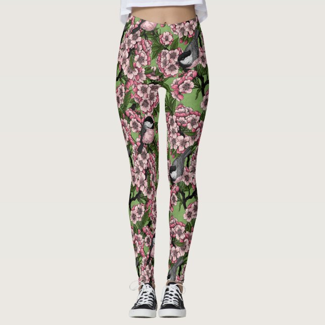 Leggings Flor de cerezo y pollos en verde (Anverso)