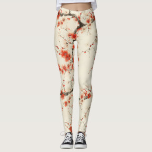 Leggings Flor de ciruelo roja acuarela - Arte floral orient