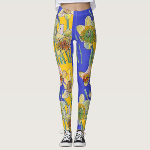 Leggings Flor de color de agua Daffodil Flores Florales azu