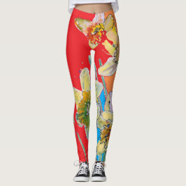 Leggings Flor de color de agua de color rojo Flor de agua