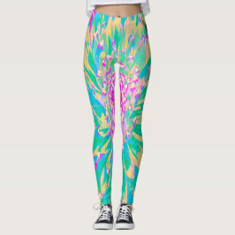 Leggings Flor de Dahlia verde y rosa caliente decorativa Ve