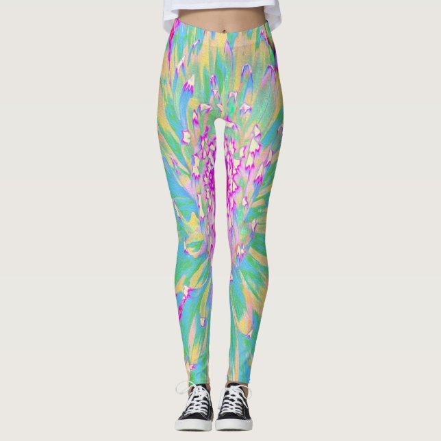 Leggings Flor de Dahlia verde y rosa caliente decorativa Ve (Anverso)