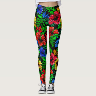 Leggings Flor de Hibiscus azul amarillo rojo tropical