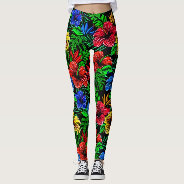 Leggings Flor de Hibiscus azul amarillo rojo tropical (Anverso)