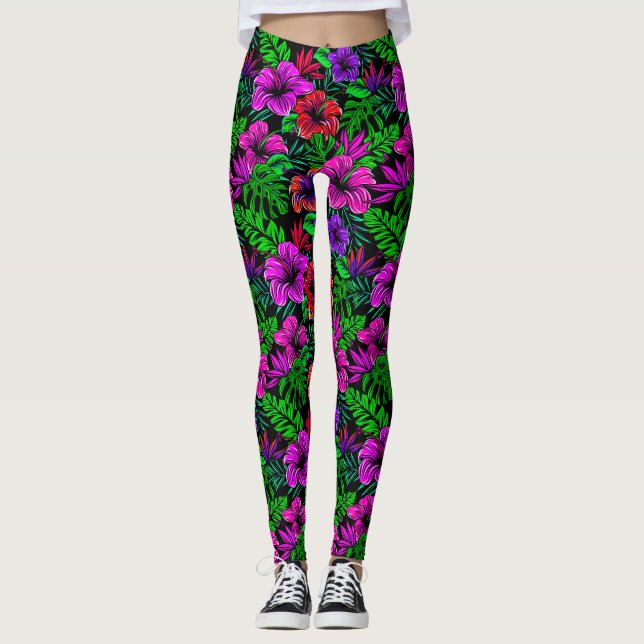 Leggings Flor de Hibiscus púrpura rosa tropical (Anverso)