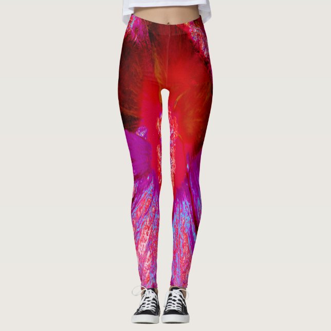 Leggings Flor de Hibiscus Rojo Retro Trippy Psicodélico (Anverso)