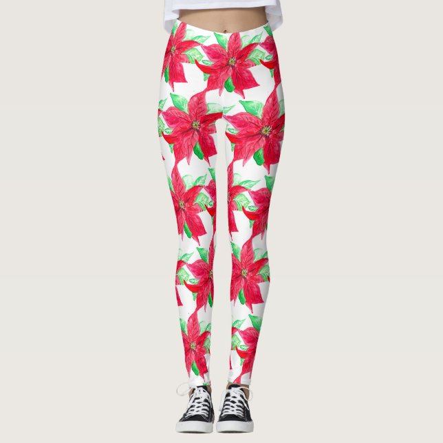 Leggings Flor de los Navidades florales rojos de Poinsettia (Anverso)