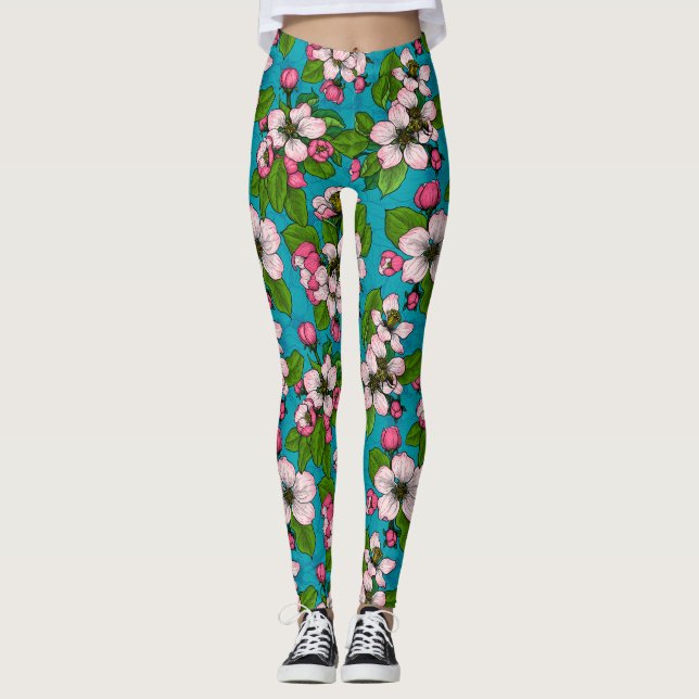 Leggings Flor de manzana sobre turquesa (Anverso)