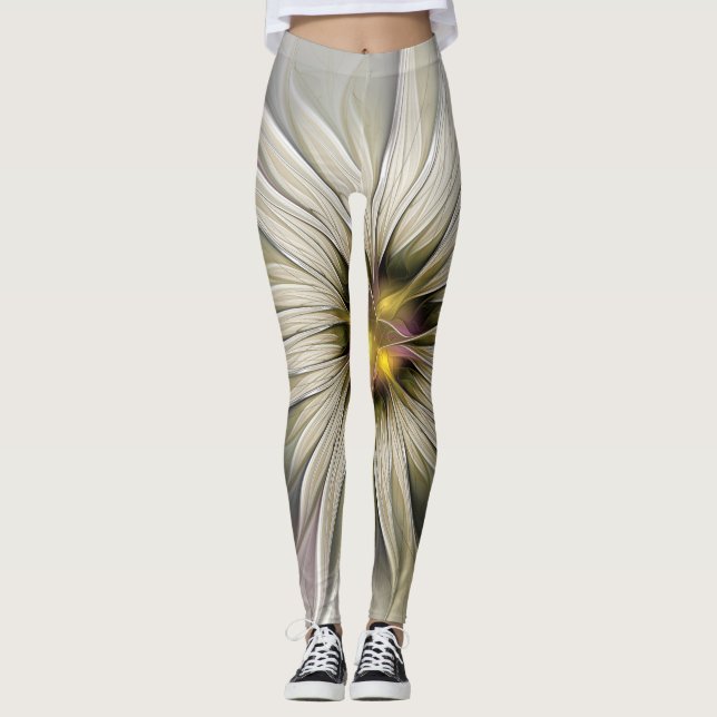 Leggings Flor de marfil grande, abstracto arte fractal mode (Anverso)