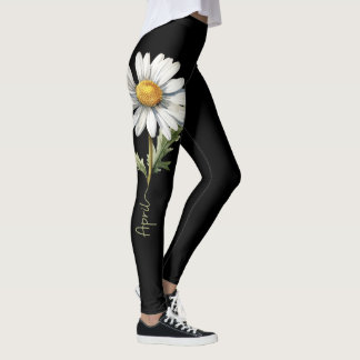Leggings Flor de nacimiento de abril, margarita blanca sobr