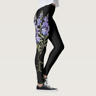 Leggings Flor de nacimiento de julio, larkspur morado sobre