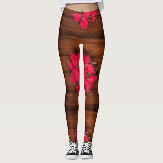 Leggings flor de Navidad roja sobre marrón (Anverso)