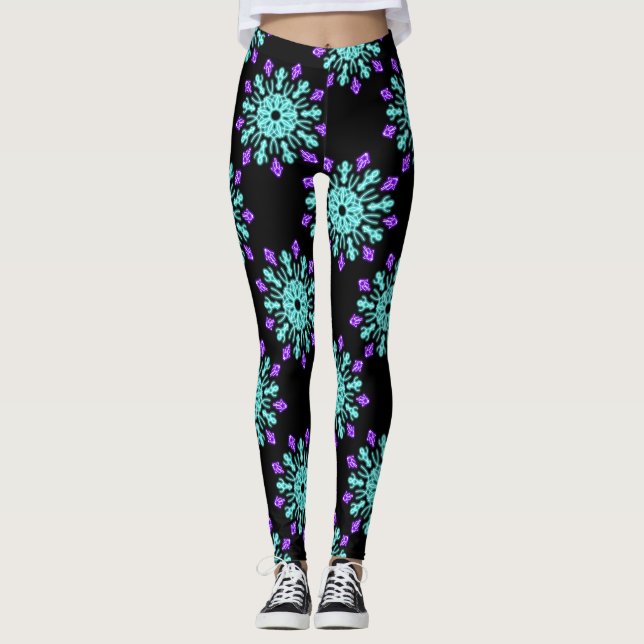 Leggings Flor de neón turquesa y púrpura (Anverso)