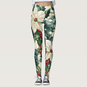 Leggings Flor de Nochebuena Marfil Follaje Invernal Fruta C