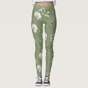 Leggings Flor de pétalo blanco sobre fondo verde oliva