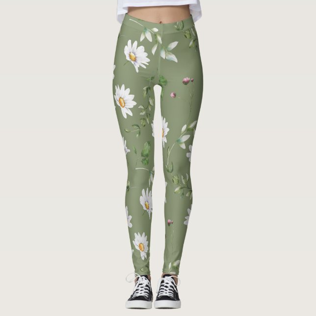 Leggings Flor de pétalo blanco sobre fondo verde oliva (Anverso)
