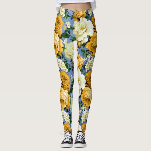 Leggings Flor de rosa amarillo retro grande (Anverso)