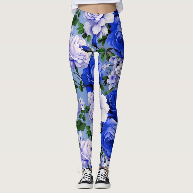Leggings Flor de Rosa azul retro grande (Anverso)