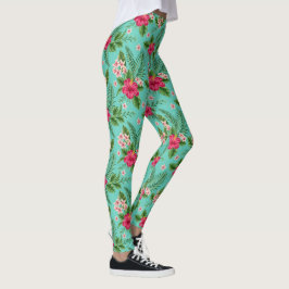 Leggings Flor De Verano Tropical De Coral Cubierta En Turqu
