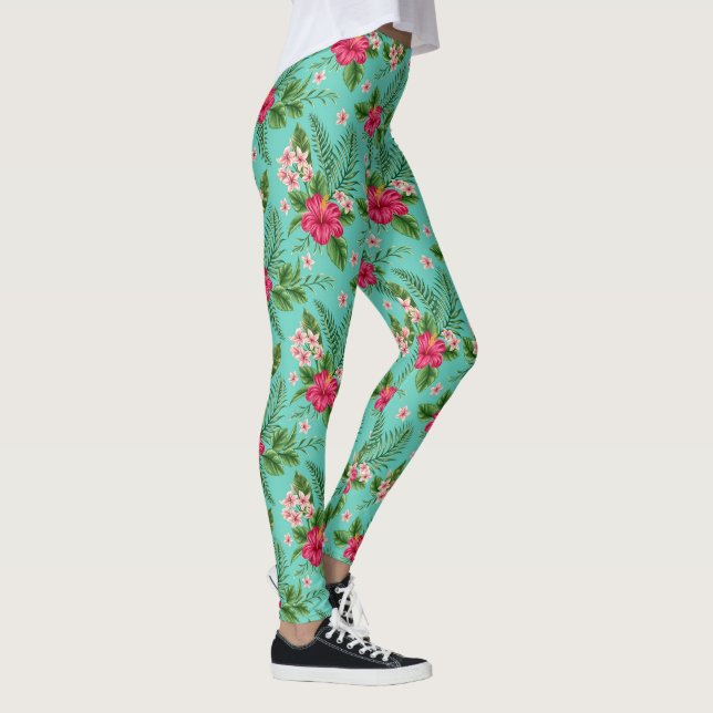 Leggings Flor De Verano Tropical De Coral Cubierta En Turqu (Derecha)