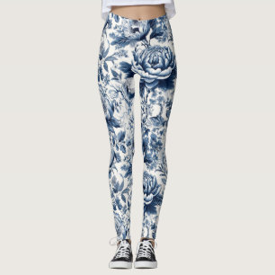 Leggings Flor floral Chinoiserie Toile Blue White Peonies
