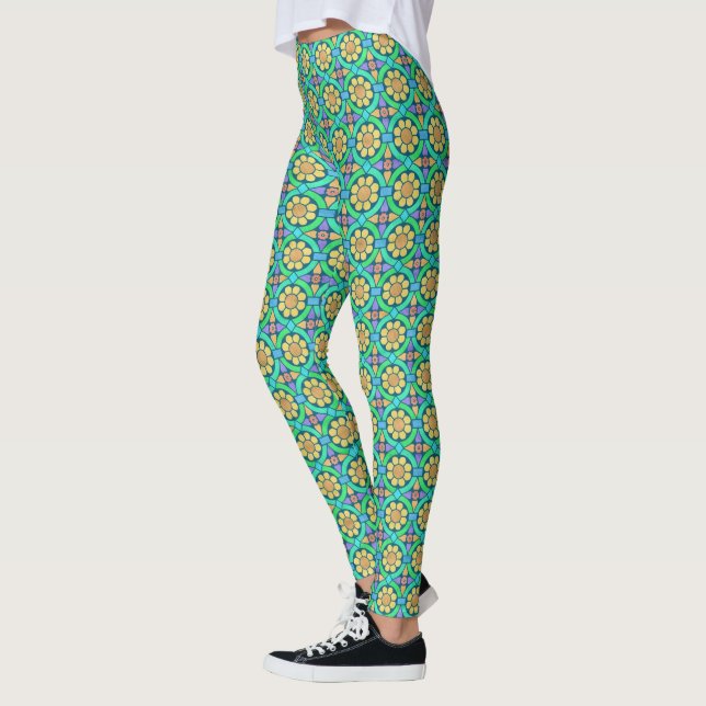 Leggings Flor floral Patrón geométrico suave verde amarillo (Izquierda)