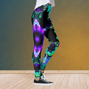 Leggings Flor hippie psicodélica morada Verde azulada y neg