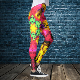 Leggings Flor hippie psicodélica rosa amarillo y verde