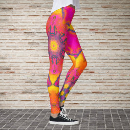 Leggings Flor hippie psicodélica rosa morada y amarilla