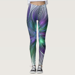 Leggings Flor moderna abstracta fractal verde morado
