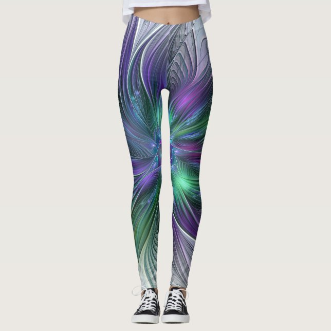 Leggings Flor moderna abstracta fractal verde morado (Anverso)