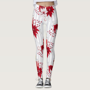 Leggings Flor moderna de poinsettia blanca y roja