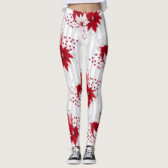 Leggings Flor moderna de poinsettia blanca y roja (Anverso)