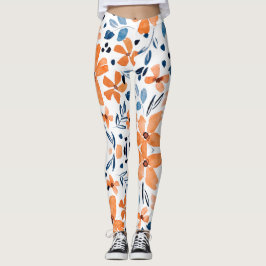 Leggings Flor naranja y patrón de hojas azules