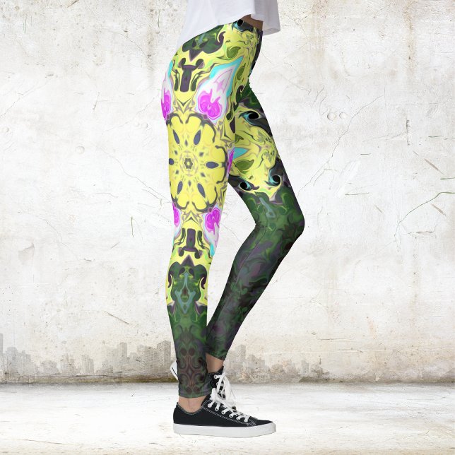 Leggings Flor psicodélica caleidoscópica amarillo y rosa (Subido por el creador)