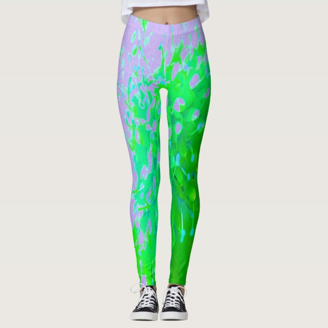 Leggings Flor retro abstracta en lavanda y verde limón (Anverso)