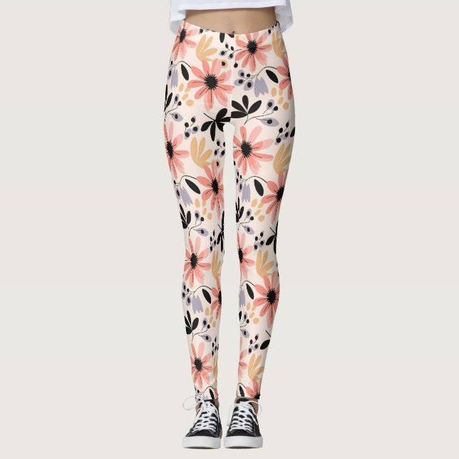Leggings Flor retro rosa negro (Anverso)