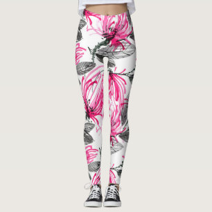 Leggings Flor Roja Oriental: Patrón acuarela.