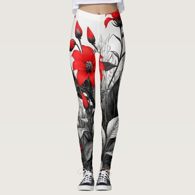 Leggings Flor Roja Sobre La Planta Blanca Negra (Anverso)