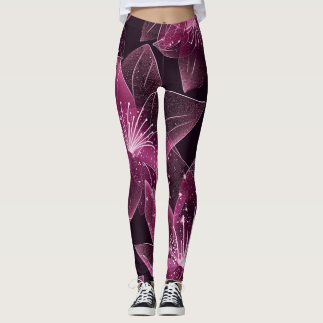 Leggings Flor rosa y morada resplandeciente (Anverso)