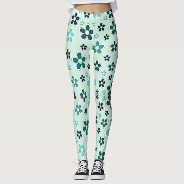 Leggings Flor verde y azul sobre fondo verde claro (Anverso)