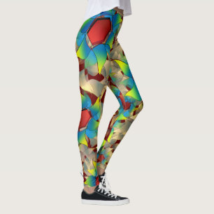 Leggings Flor virtual rara, pétalo azul y amarillo en rojo